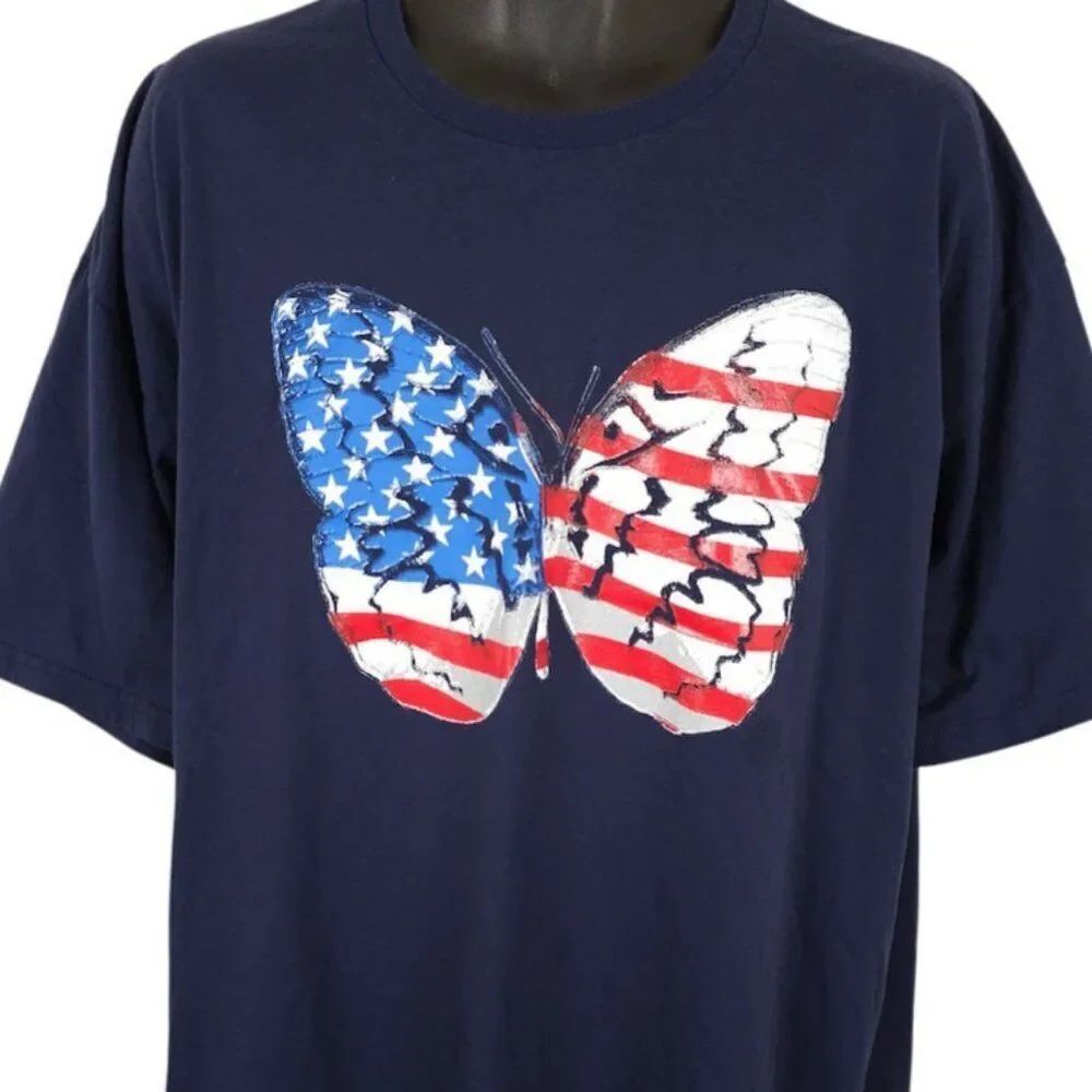 Vintage American Flag T Shirt Womens Size 2XL Blue 90s Y2K Patriotic Butterfly